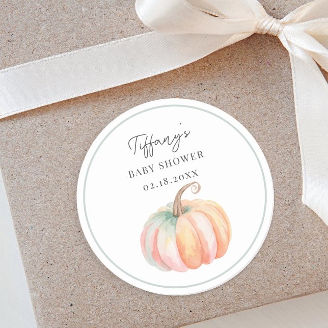 Einfache Elegante Kleine Pumpkin Fall Babydusche Runder Aufkleber (Von Creator hochgeladen)