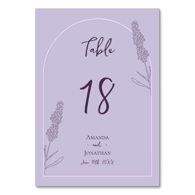 Einfache Elegante Lavender Blooms Hochzeit Tischnummer (Vorderseite)