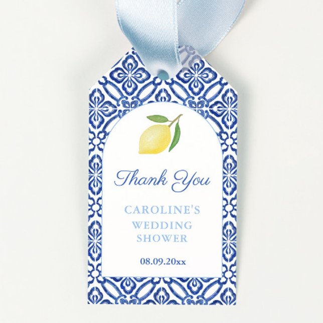 Einfache Elegante Lemon Brautparty Gastgeschenk Ta Geschenkanhänger (Amalfi Lemons Bridal Shower Favor tags featuring modern arch and blue and white tile print detail)