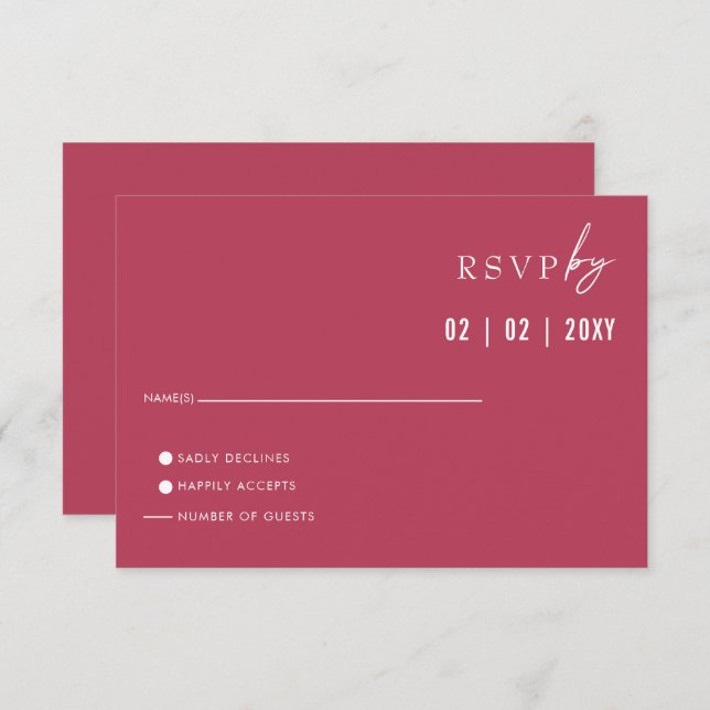 Einfache Elegante Minimal Modern Magenta Hochzeit RSVP Karte (Vorne/Hinten)