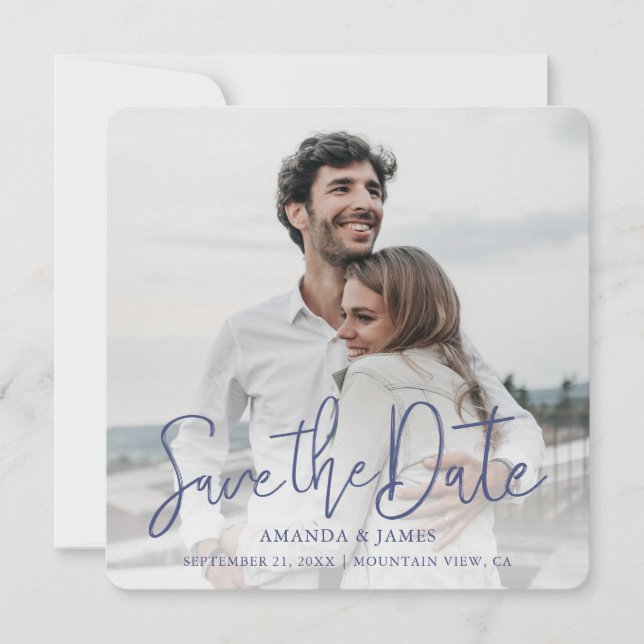 Einfache Elegante Moderne Blue Script Foto Hochzei Save The Date (Vorderseite)