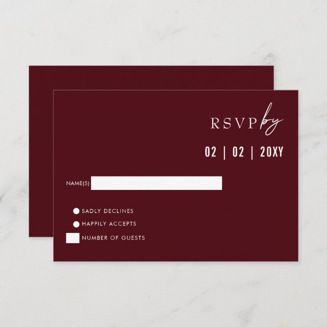 Einfache Elegante Moderne Burgundy Hochzeit RSVP Karte (Vorne/Hinten)