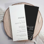 Einfache Elegante Moderne Hochzeit mit vielen Dank Menükarte<br><div class="desc">Menü mit Dankeschön auf der Rückseite: Dieses elegante Hochzeitsmenü zeichnet sich durch ein modernes, minimalistisches Design mit weißem Vorder- und schwarzem Text aus, das ganz unten perfekt ausgerichtet ist, um Platz für markierte Namensschilder zu schaffen. Auf der Rückseite wird auf einem auffälligen schwarzen Hintergrund mit knallweißem Text eine nachdenkliche Danksagung...</div>