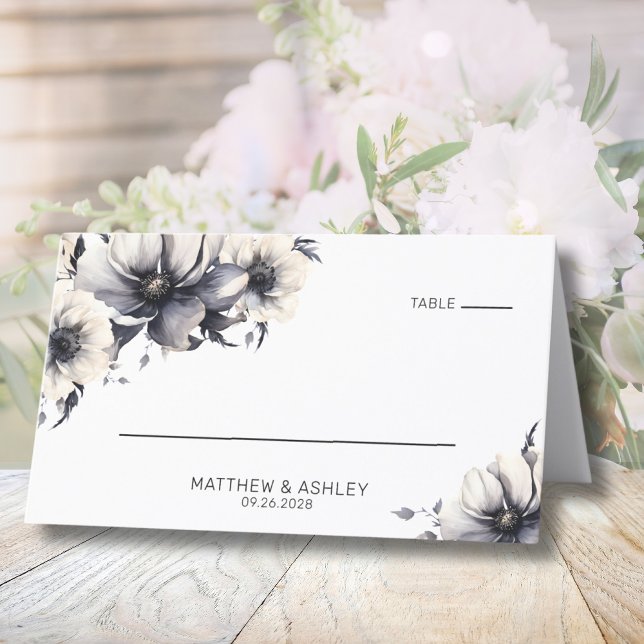 Einfache Elegante Moderne Schwarz-weiße Blumenhoch Platzkarte (Simple Elegant Modern Floral Black White Wedding Place Card)
