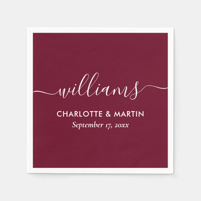 Einfache elegante moderne Script Burgundy Hochzeit Serviette (Vorderseite)