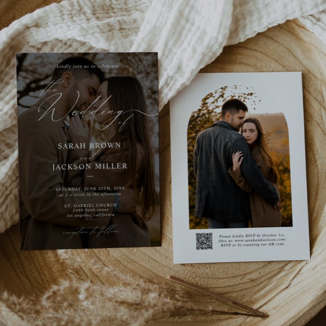 Einfache Elegante moderne Script QR Code Foto Hoch Einladung (Von Creator hochgeladen)