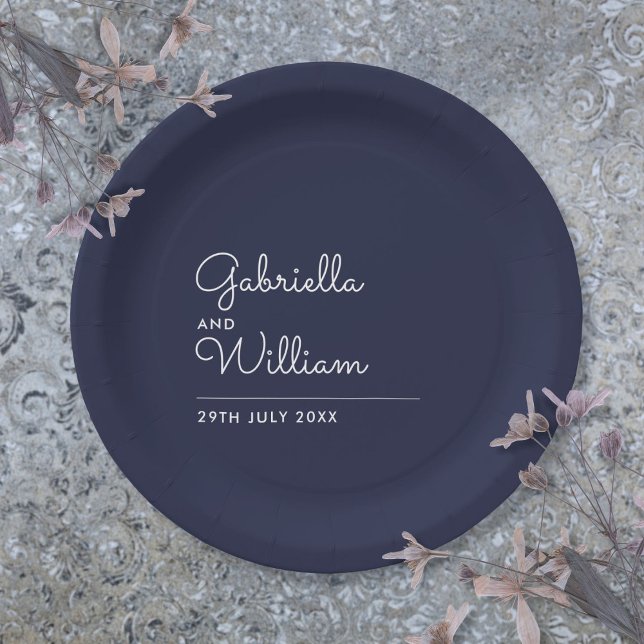 Einfache Elegante Moderne Skripte Navy Blue Pappteller (Simple Elegant Modern Script Navy Blue Paper Plates)