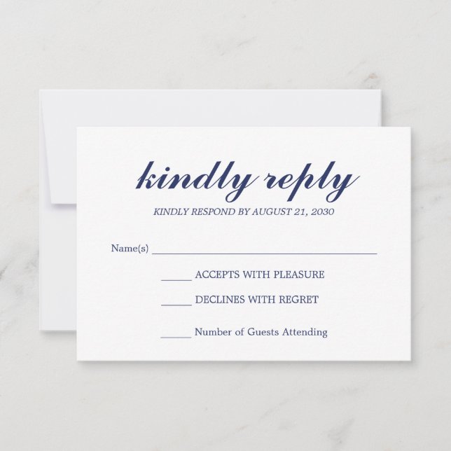 Einfache elegante moderne SkriptWedding RSVP Navy Karte (Vorderseite)