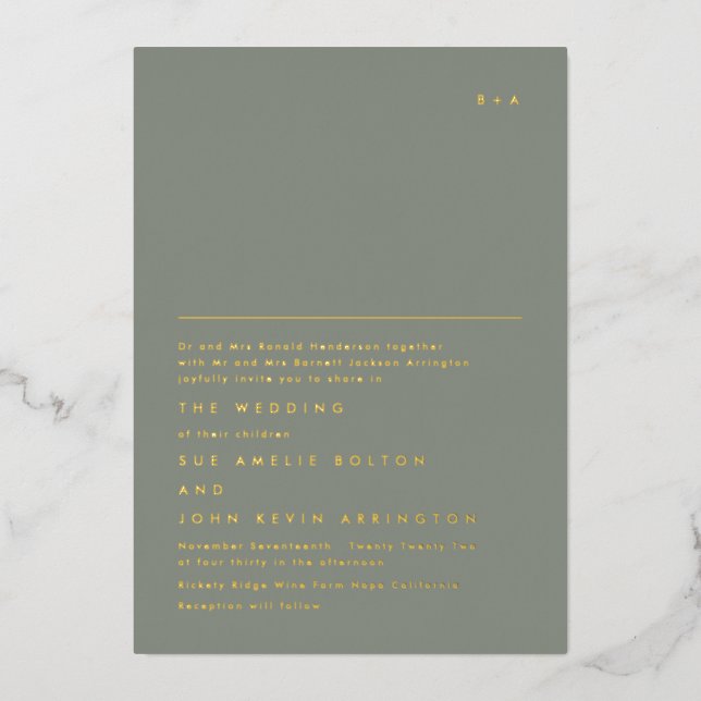 Einfache elegante Monogram Gold | Sage Green Foil Folieneinladung (Vorderseite)