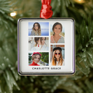 Einfache elegante Multi-Foto-Personalisierte Bezei Ornament Aus Metall