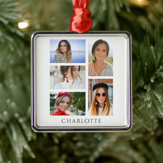 Einfache elegante Multi-Foto-Personalisierte Bezei Ornament Aus Metall (Baum)