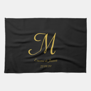 Einfache, elegante Name Schwarz und Gold Monogram Geschirrtuch