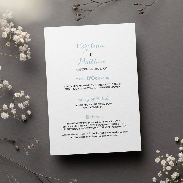 Einfache, elegante, pastellblaue Hochzeitmenü Menükarte (Simple elegant white pastel blue Wedding Menu)