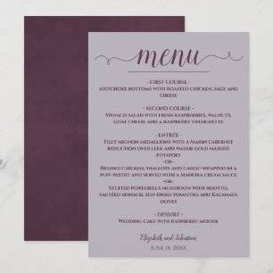 Einfache Elegante Pflaume auf Dusty Lavender Weddi Menükarte