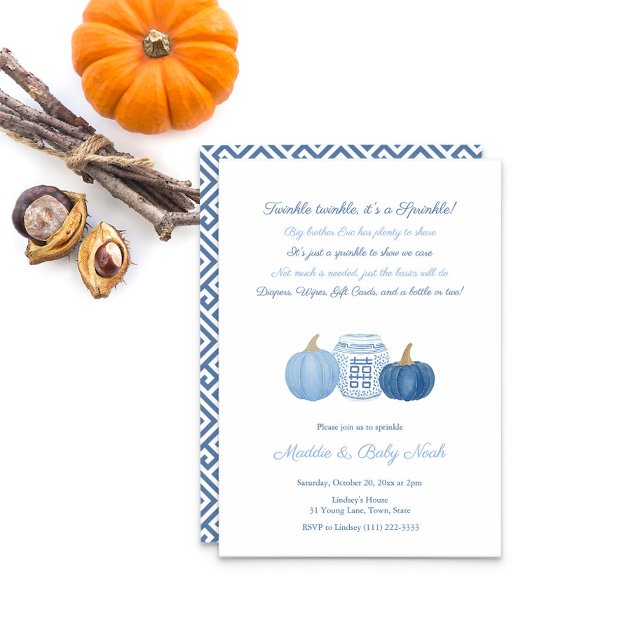 Einfache Elegante Pumpkins Boy Baby Sprinkle Party Einladung (Light Blue And Dark Blue watercolor pumpkins ginger jar Baby Sprinkle Party Invitation)