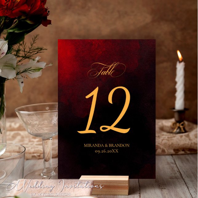 Einfache Elegante Red Black Gold Calligrafy Weddin Tischnummer (Von Creator hochgeladen)