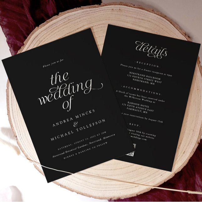 Einfache, elegante Romantik bei einer Hochzeit Einladung (Black wedding invitation with white text. Elegant and simple)