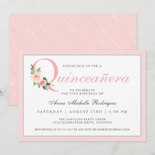 Einfache elegante rosa florale Quinceanera-Geburts Einladung