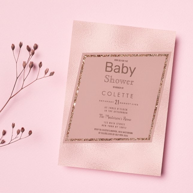 Einfache elegante Rosa Rose Gold Glitzer Kinderdus Einladungspostkarte (Simple Elegant Pink Rose Gold Glitter Baby Shower)