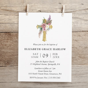 Einfache Elegante Rose Boho Florale Taufe Kreuz Einladung