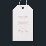 Einfache Elegante Rose Goldene Hochzeit Willkommen Geschenkanhänger<br><div class="desc">Diese eleganten Rose Gold Begrüßungstags sind perfekt für Ihre klassische, moderne Rose Goldhochzeit. Das Design besticht durch einen klassisch Vintagen minimalchischen zeitgenössischen Goldene Schriftart und eine romantische formale Kalligraphie. Es eignet sich hervorragend für Hochzeiten im Frühling, Sommer, Herbst oder Winter. Behalt es so, wie es ist, oder wählen Sie es...</div>