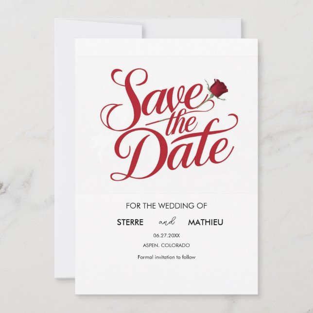 Einfache Elegante Rote Rose Hochzeit Save The Date (Vorderseite)
