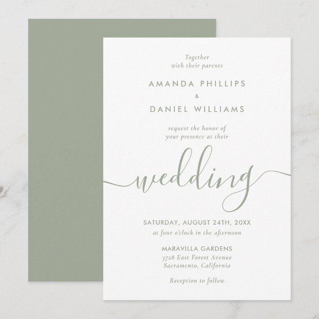 Einfache elegante Sage Green Moderne Skripthochzei Einladung (Vorne/Hinten)