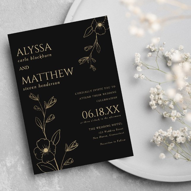 Einfache elegante Schwarz-Gold-Blumenhochzeit Einladung (Simple elegant black and gold floral wedding invitation )