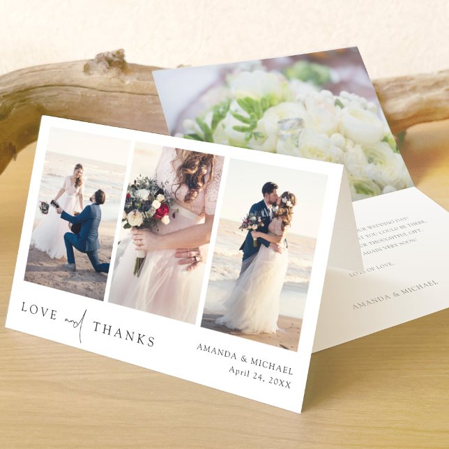 Einfache, elegante Schwarz-Text-Fotocollage Hochze Dankeskarte (Von Creator hochgeladen)