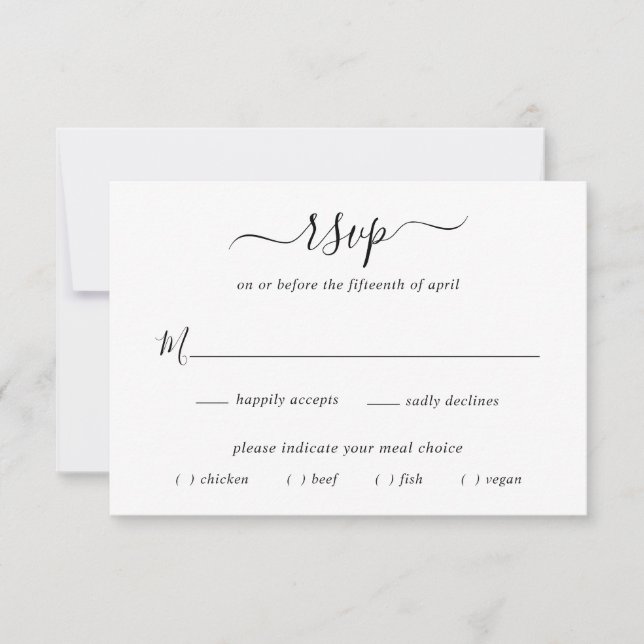 Einfache elegante Schwarz-Weiß-Hochzeitsmahlzeit RSVP Karte (Vorderseite)