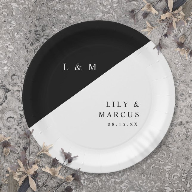 Einfache, elegante Schwarz-Weiß-Monogramm-Hochzeit Pappteller (Simple Elegant Black And White Monogram Wedding Paper Plates)