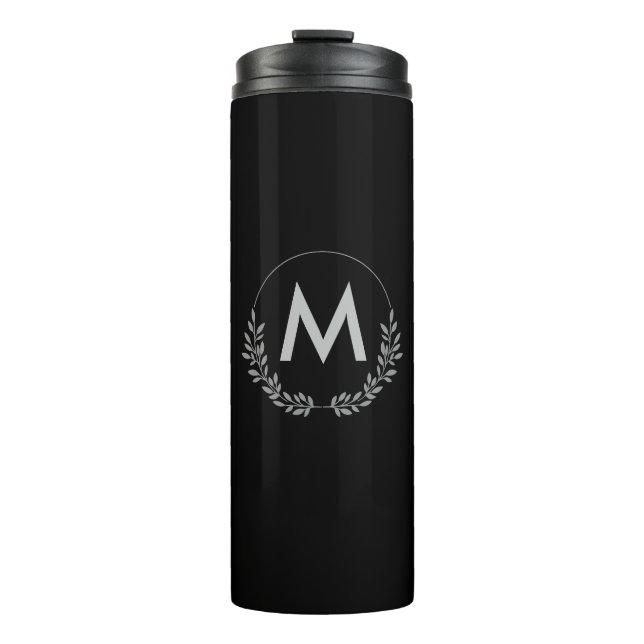 Einfache elegante Schwarz-Weiß-Monogramm Thermosbecher (Vorderseite)