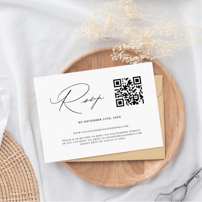 Einfache, elegante Schwarz-Weiß-QR-Hochzeit RSVP Karte (Von Creator hochgeladen)