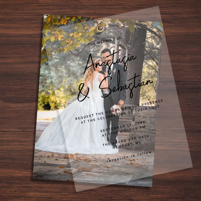 Einfache elegante Schwarz-Weiß-Script-Foto-Hochzei (Simple Elegant Black & White Script Photo Wedding Vellum Invitations)