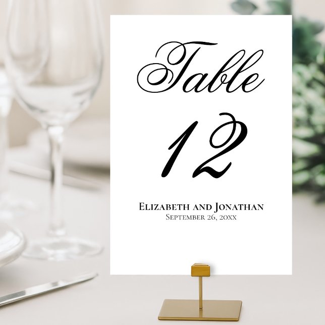 Einfache, elegante Schwarz-Weiß-Script-Hochzeit Tischnummer (Von Creator hochgeladen)