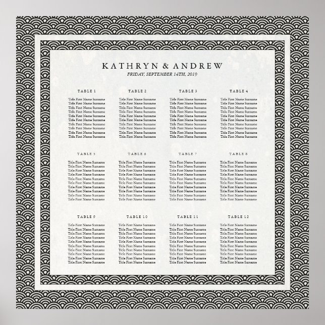 Einfache elegante Schwarz+Weiß Seigaiha Seating Ch Poster (Vorne)