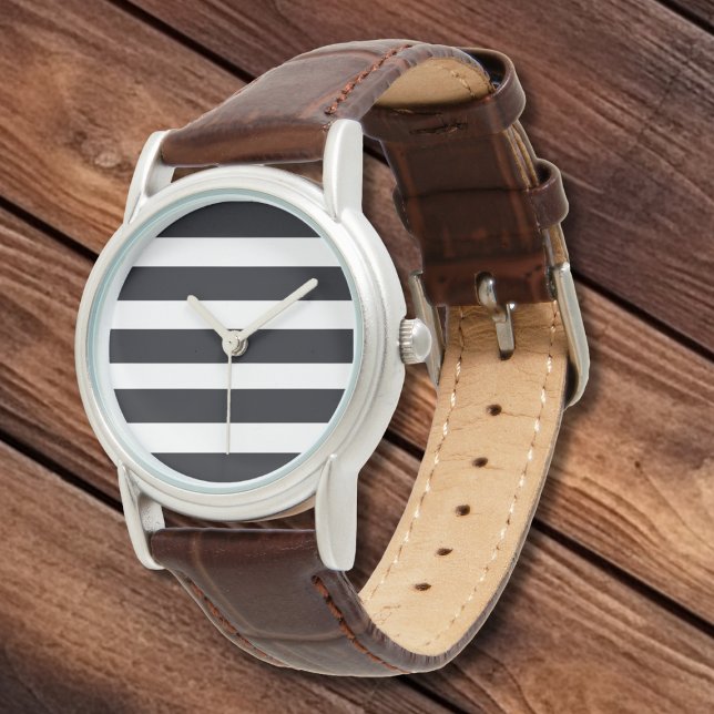 Einfache Elegante Schwarz-weiße Streifen Leder Armbanduhr (Simple Elegant Modern Classic. Black & White Stripes Silver and Leather Strap Watch.)