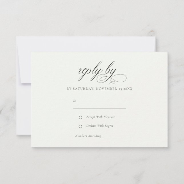Einfache, elegante Script Black & White Wedding RSVP Karte (Vorderseite)