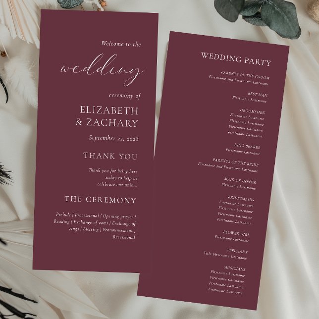 Einfache, elegante Script Burgundy Wedding Programm (Von Creator hochgeladen)