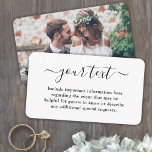 Einfache, elegante Script & Foto-Hochzeitsdetails Begleitkarte<br><div class="desc">Freuen Sie sich auf elegante Hochzeitseinladungen und die stilvollen, individuellen Foto-Eintrittskarten, die den Gästen wichtige Informationen bieten. Der gesamte Text in dieser Vorlage ist nach Bedarf einfach zu personalisieren oder zu löschen. Diese Karte kann alle Festlichkeiten Ihrer Wahl enthalten, wie Anfahrtsbeschreibung, Website, besondere Wünsche, Unterkünfte, Empfang oder uAwg. Das moderne...</div>