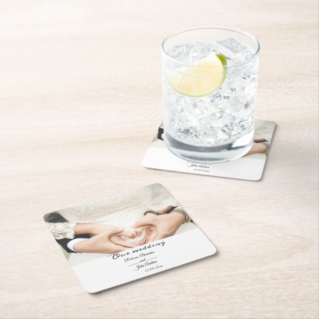 Einfache, elegante Script-Foto-Hochzeitsfeier Rechteckiger Pappuntersetzer (Vor Ort)
