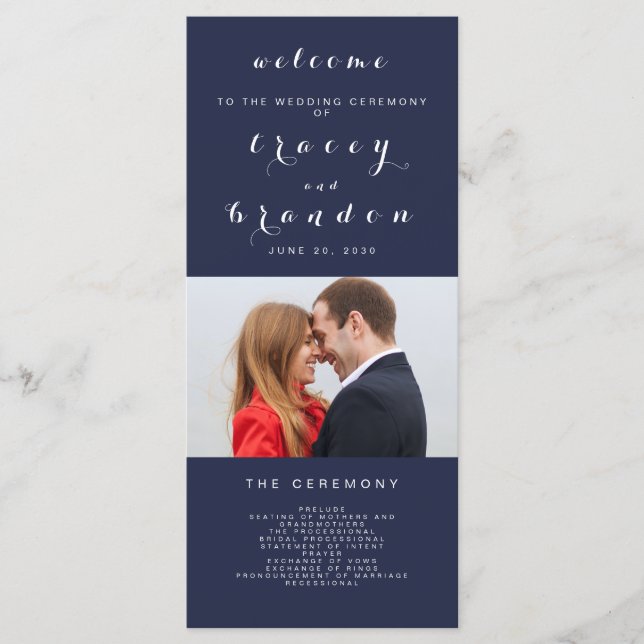 Einfache Elegante Script Foto Navy Blue Wedding Programm (Vorderseite)