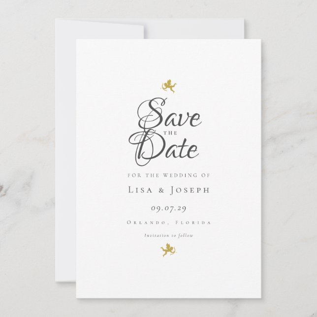 Einfache, elegante Script-Gold-Cupids Save the Dat Einladung (Vorderseite)