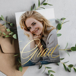 Einfache, elegante Script grad ein Foto Abschluss Folieneinladung