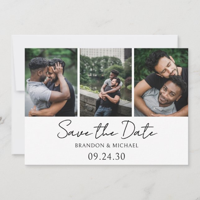 Einfache, elegante Skript-Foto-LGBTQ Save The Date (Vorderseite)