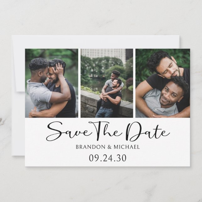 Einfache, elegante Skript-Foto-LGBTQ Save The Date (Vorderseite)