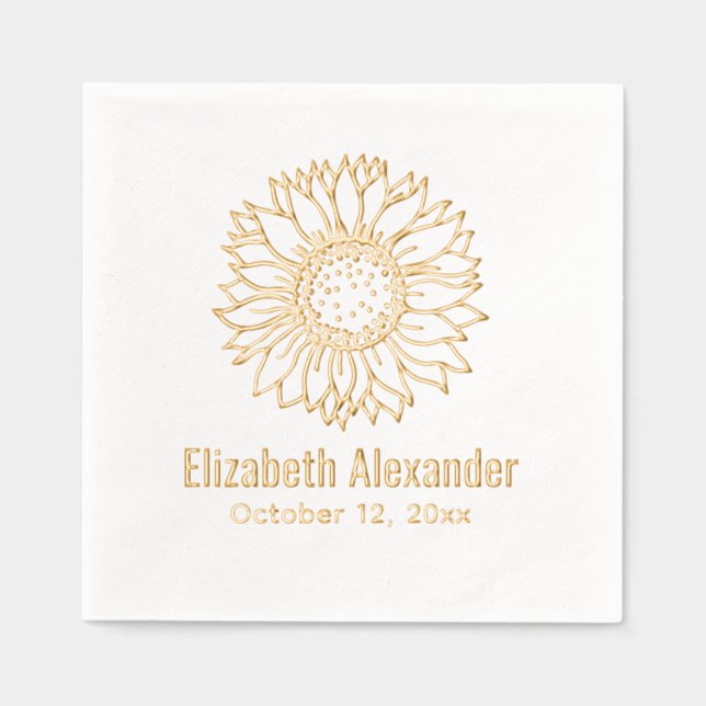 Einfache Elegante Sonnenblumen Bloom #4 Namensdatu Servietten Mit Folie (Vorderseite)