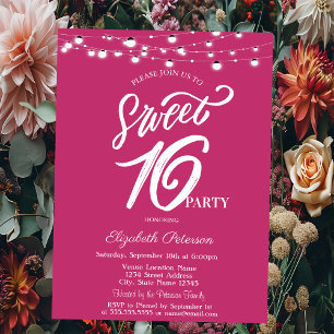 Einfache elegante String Lights Sweet 16 Einladung
