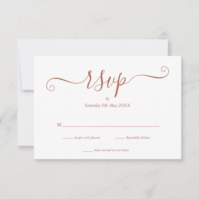 Einfache elegante Terracotta Script Wedding RSVP C (Vorderseite)