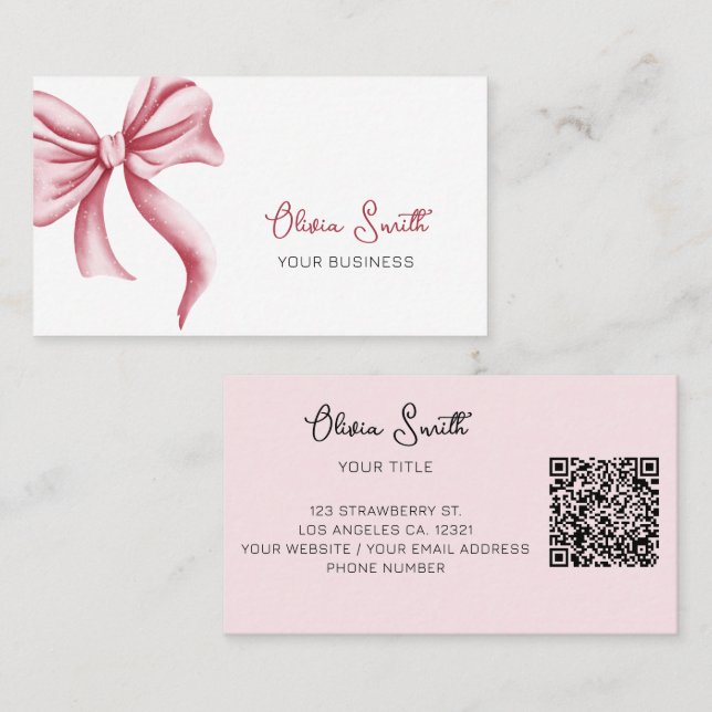 Einfache elegante Typografie Rosa Schleife QR-Code Visitenkarte (Vorne/Hinten)